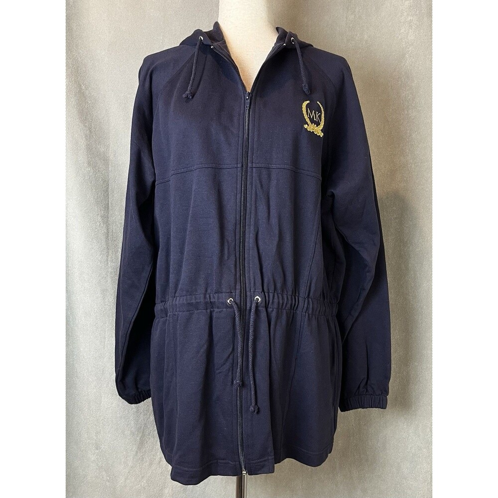 Mary Kay Zip Up Hooded Jacket Navy Blue Drawstring Waist Cotton Women L